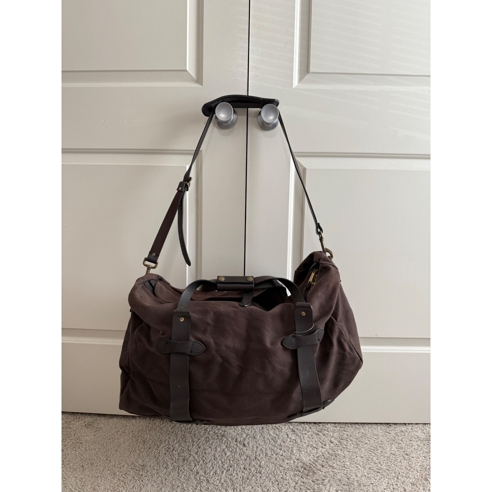 Filson Rugged Twill Duffle Bag Cinder Brown Leather Trim Travel Heavy Canvas - Picture 2 of 16
